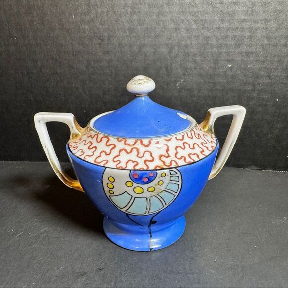 Vintage Blue Ceramic Noritake Sugar Bowl with Abstract Design [Item 0098]